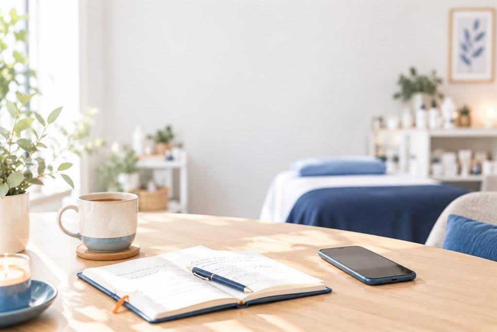 Un carnet ouvert, un téléphone et une tasse posés sur la table d'un institut de beauté