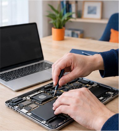 Réparation de l'intérieur d'un ordinateur portable avec un tournevis.