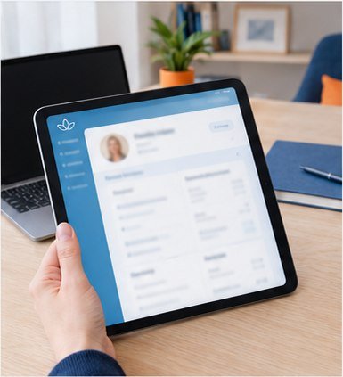 Une main tient une tablette affichant la fiche d'une cliente.