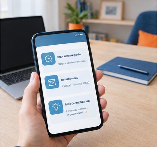 Une main tient un téléphone affichant des suggestions : réponse préparée, rendez-vous et idée de publication.